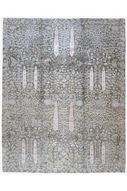 Rug front: gray vintage ornament with fine lines and pastel stripes