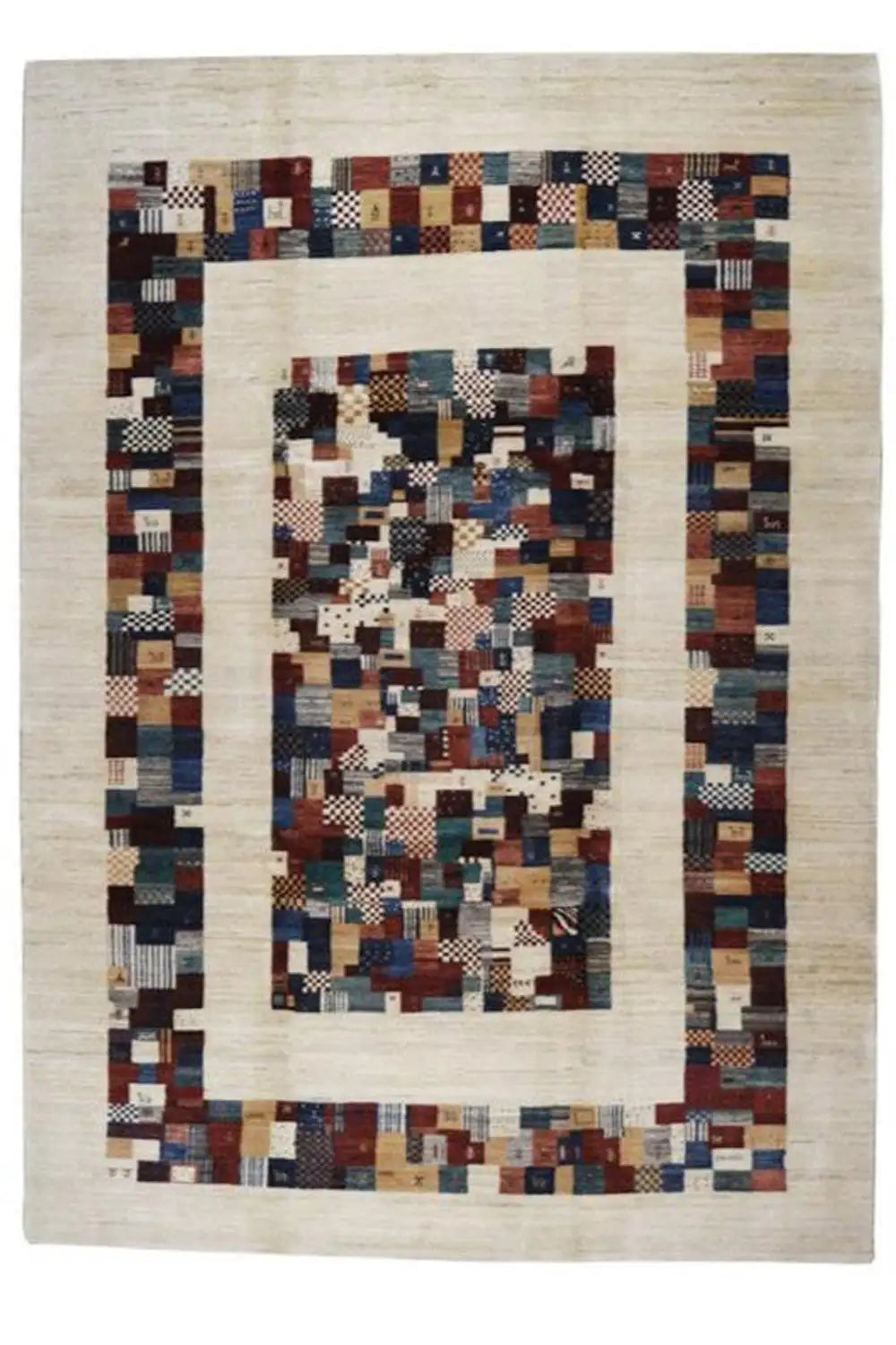 Rug with a beige background and multicolored geometric pattern, central medallion