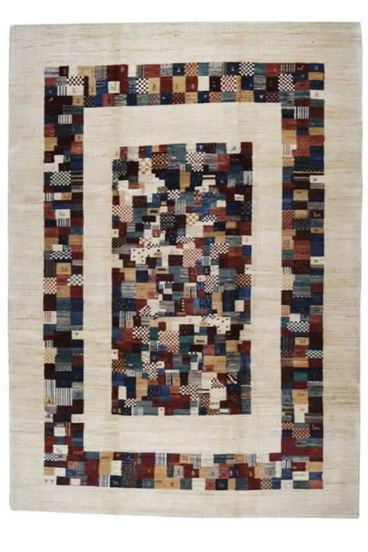 Rug with a beige background and multicolored geometric pattern, central medallion