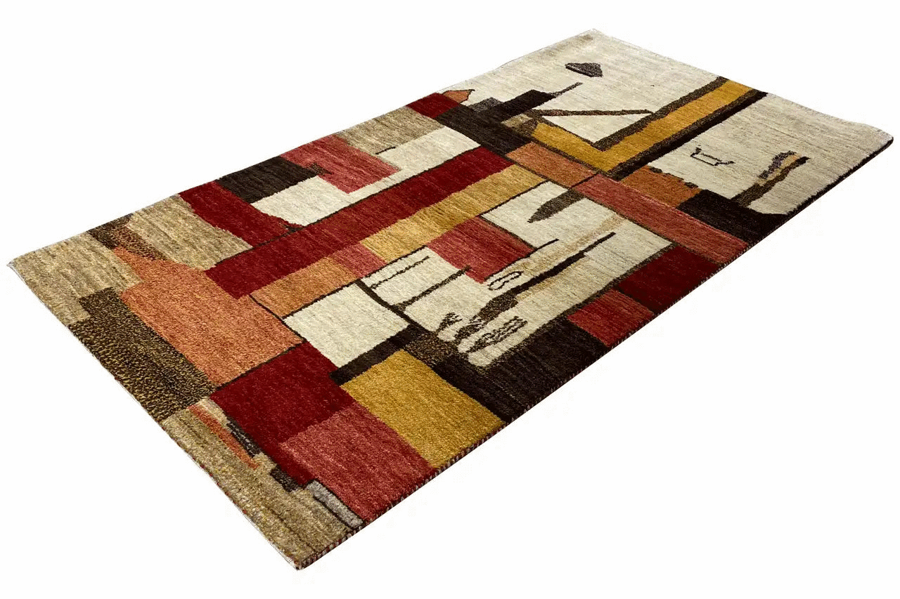 Gabbeh rug with a geometric pattern in beige, red, brown, and gold, 163×87 cm