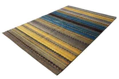 Gabbeh rug with multicolored stripes in blue, yellow, and gray, rectangular