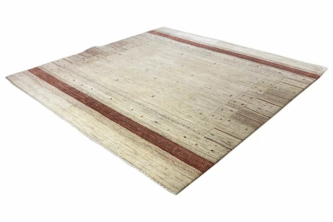 Gabbeh rug in cream with burgundy stripes, fine all-over pattern, 204×202 cm