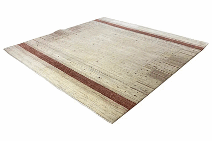 Gabbeh rug in cream with burgundy stripes, fine all-over pattern, 204×202 cm