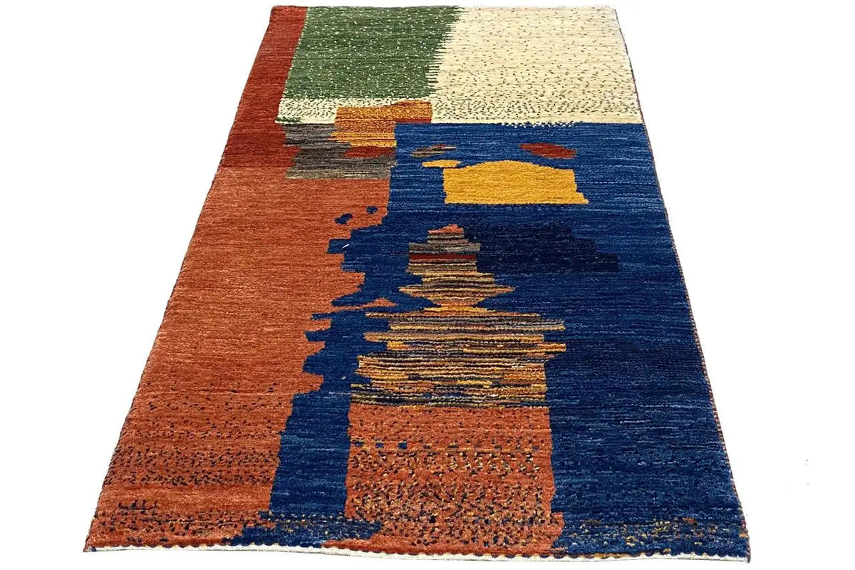 Gabbeh rug with geometric pattern, brown-orange, blue, green and beige color blocks