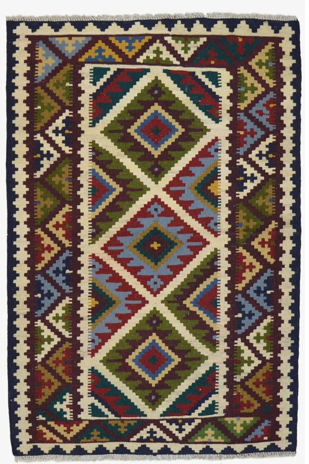 Kilim rug with a central diamond motif, multicolored border, and fringes