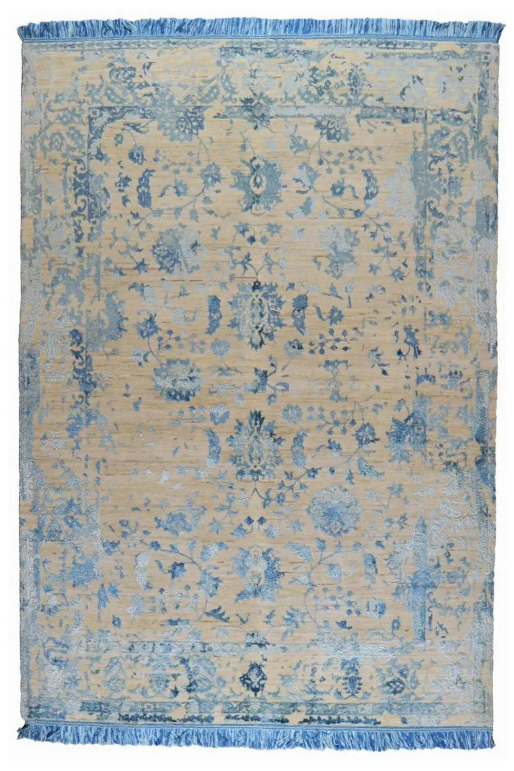Rectangular designer rug with a blue vintage pattern and fringes