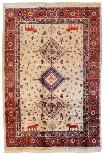 Oriental rug 300x205 cm: cream-colored field, red/blue border with central medallion