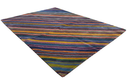 Rectangular rug with multicolored horizontal stripes, laid flat