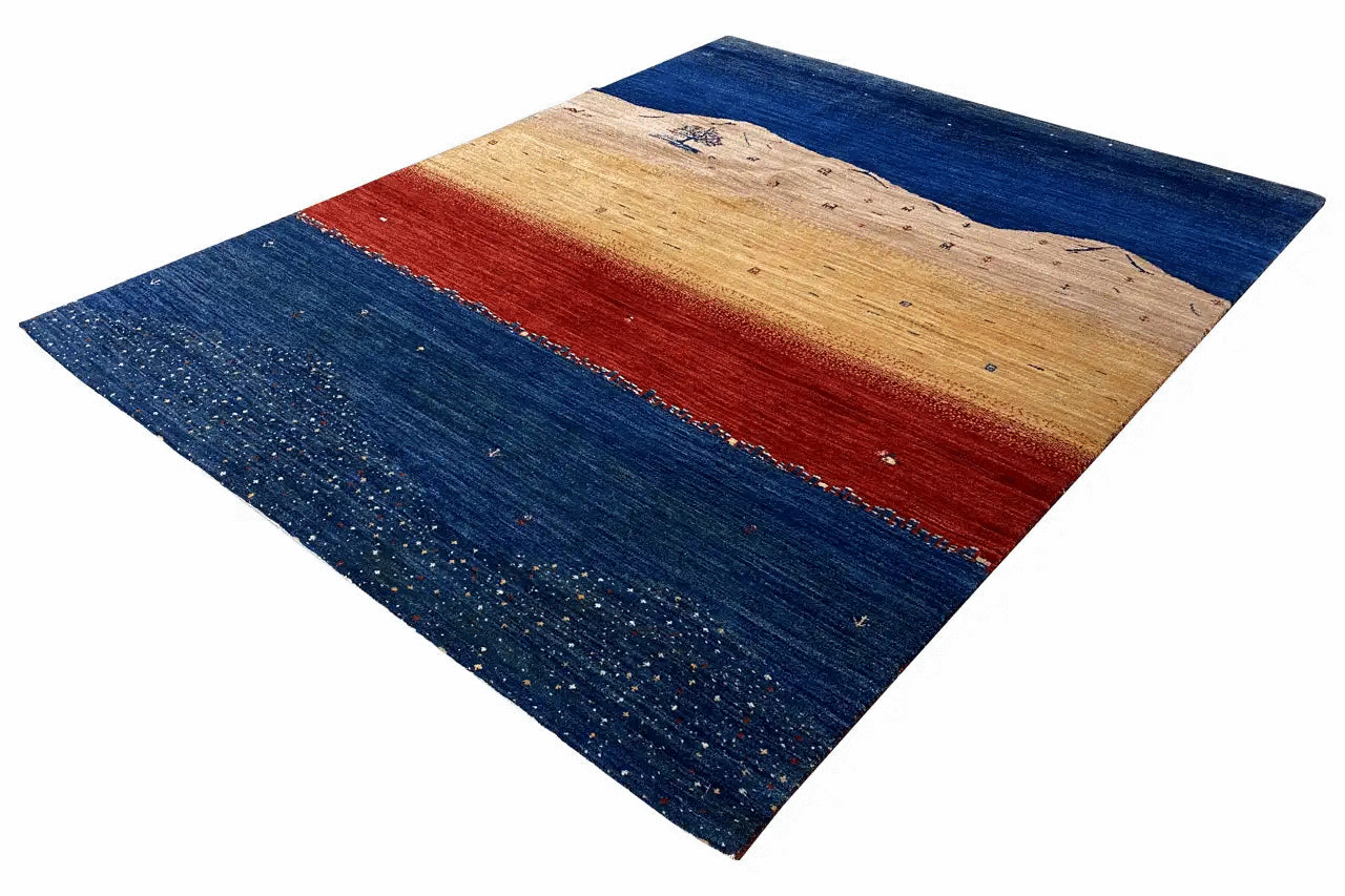 Gabbeh rug with a blue border, beige central stripe and red crosswise section