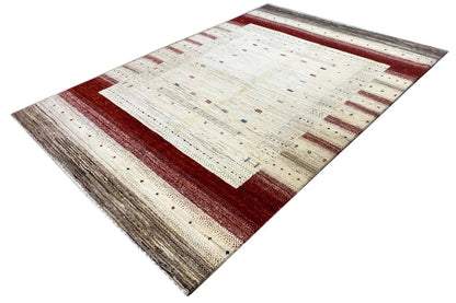 Gabbeh rug with a cream-colored background, reddish-brown border, and small pattern details