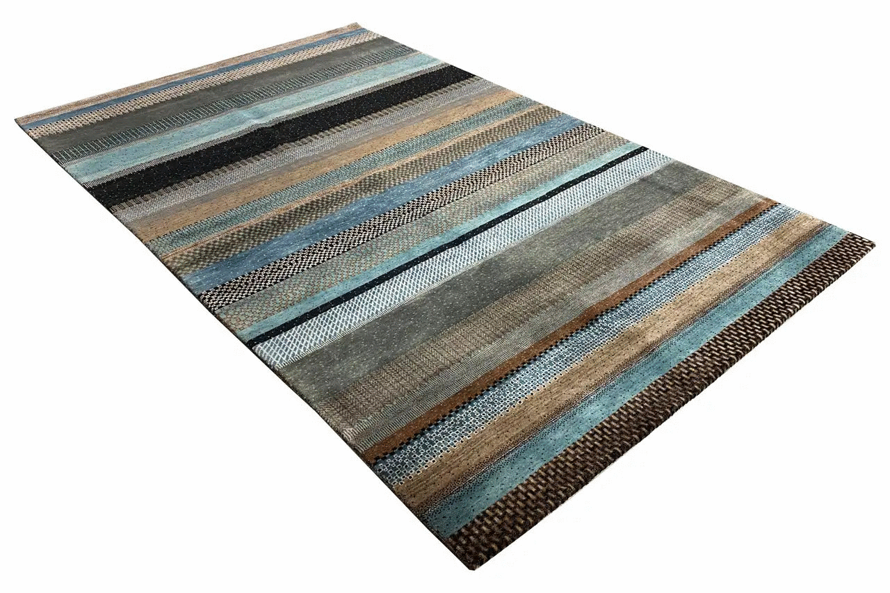 Gabbeh rug with horizontal stripes in brown, dark gray, blue, and beige, 249x159 cm