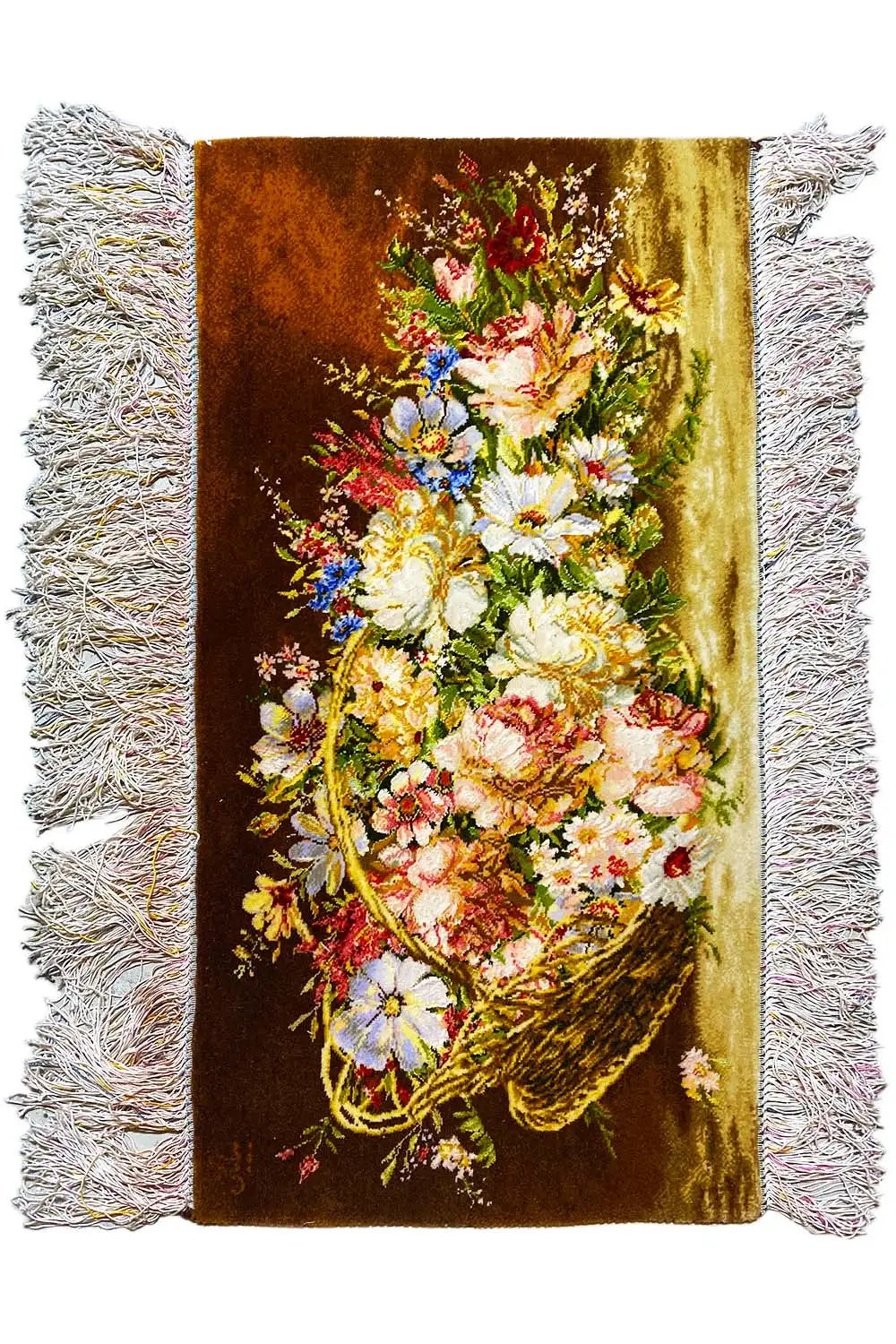 Rug 79x39 cm with a lush bouquet of flowers on a dark background and gray fringe trim along the sides