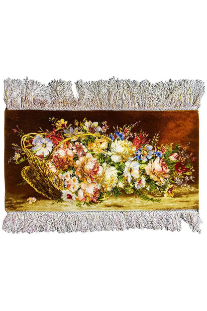 Rectangular rug 79x39 cm with a large floral arrangement, dark brown background, and fringes