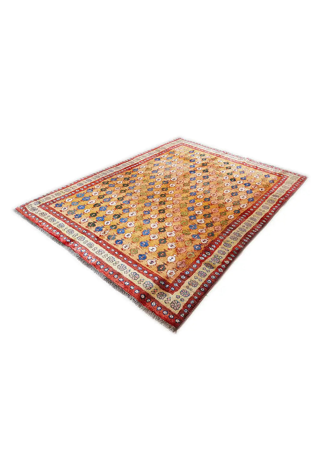 Gabbeh rug with a red border and blue-yellow ornaments, folded into a square