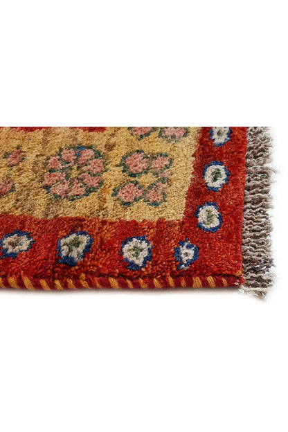 Gabbeh rug border with red areas, blue medallions, and visible wool fringes
