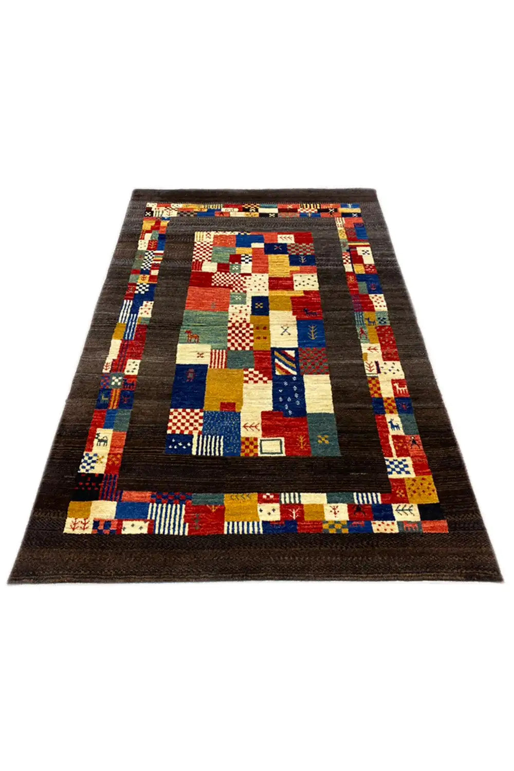 Gabbeh rug 169x107 cm, flat patchwork pattern with red, blue, and beige sections