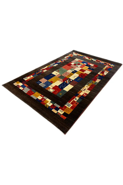 Gabbeh rug 169x107 cm with patchwork central motif and colorful borders