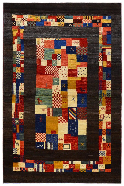 Gabbeh rug 169x107 cm with patchwork pattern in red, blue, beige, and dark brown