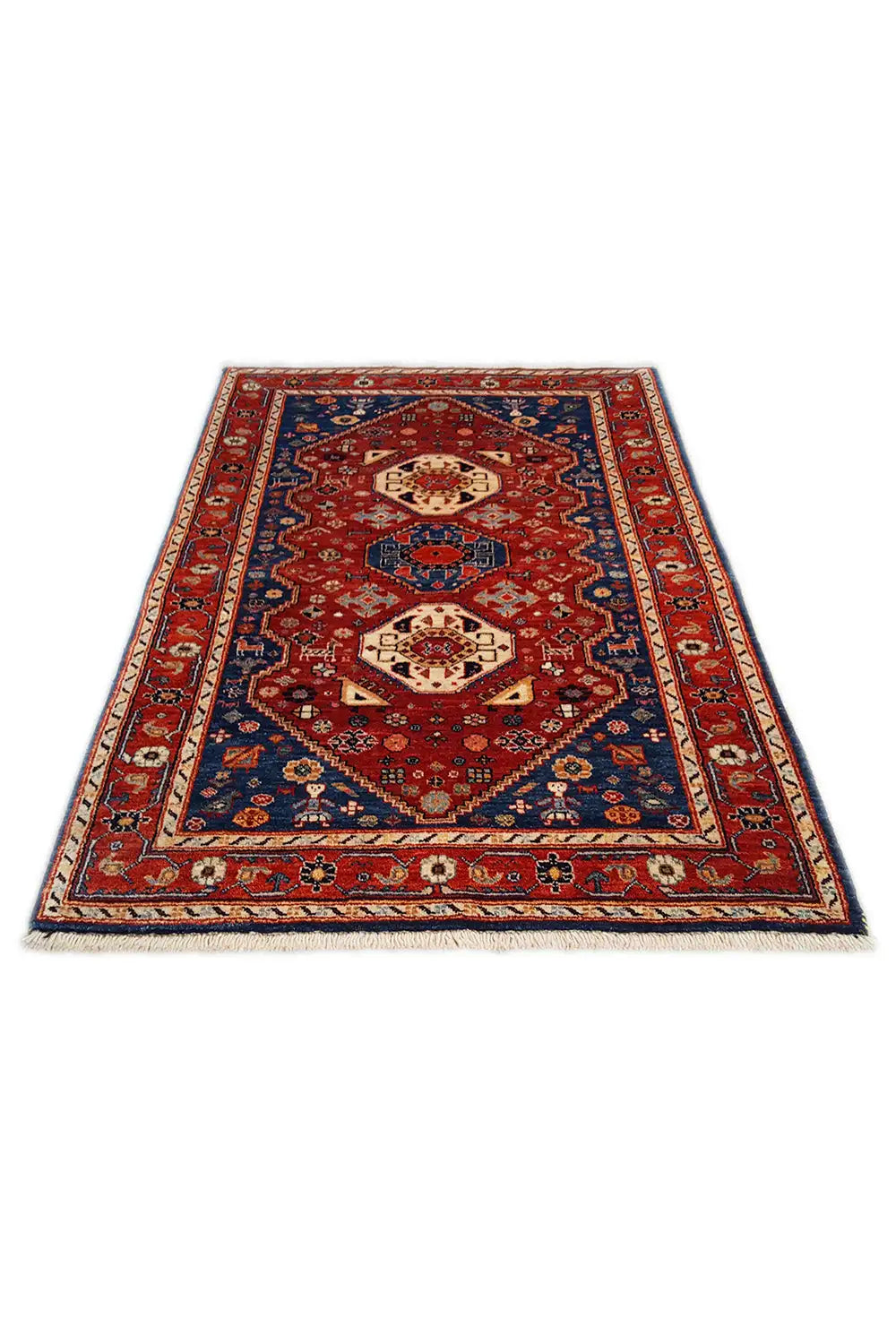 Rug (144x98 cm) with a red and blue Oriental pattern and a wide border frame