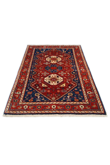 Rug (144x98 cm) with a red and blue Oriental pattern and a wide border frame