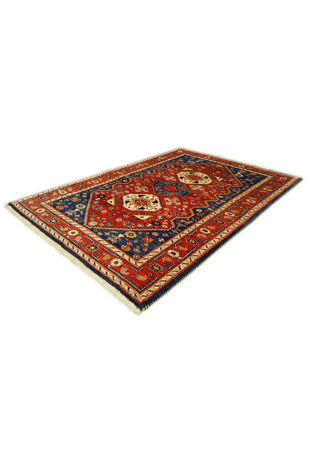 Rug (144x98 cm), square-looking oriental pattern in red, blue, and beige