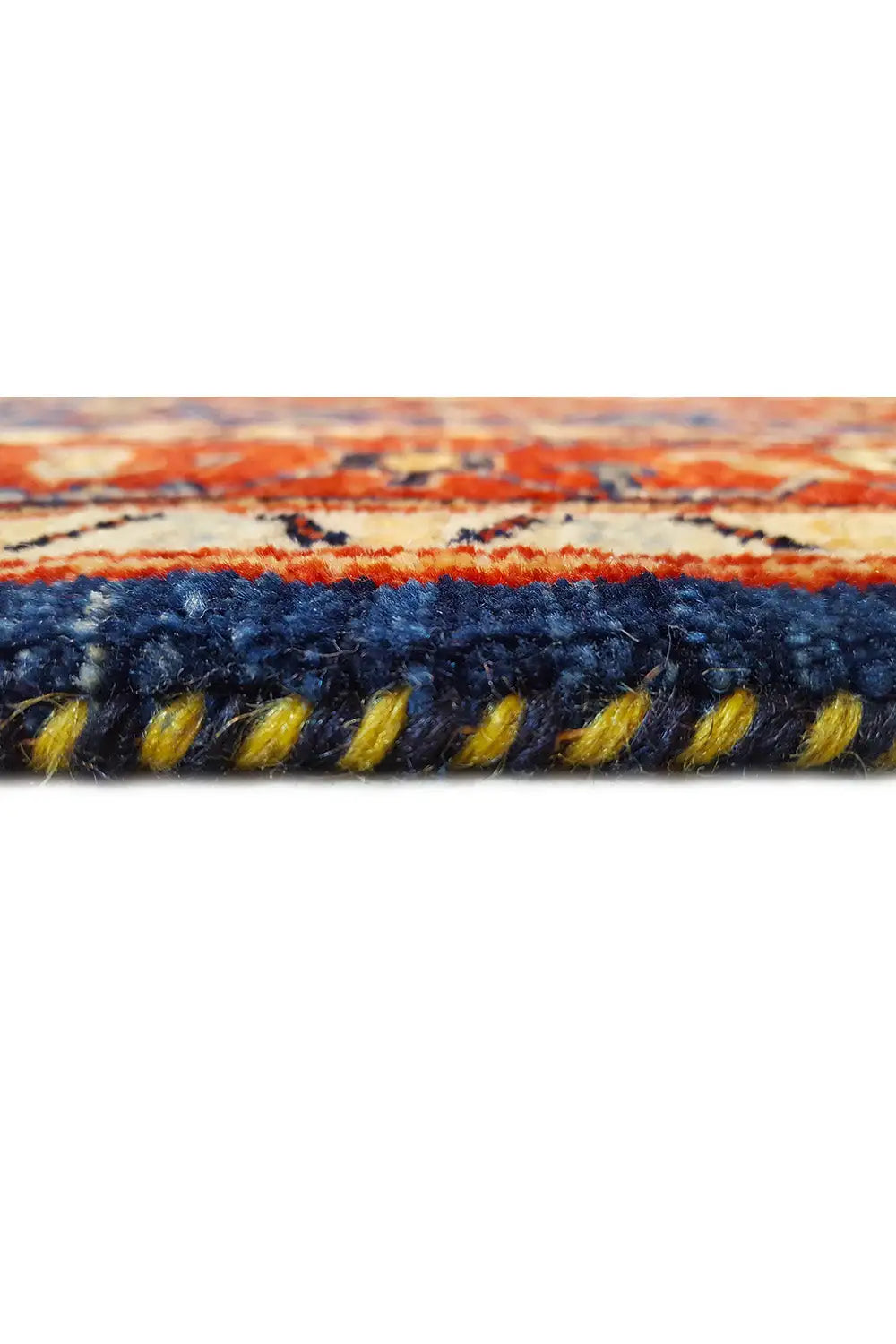 Carpet (144x98 cm) close-up with fringes, blue pile, and red decorative stripes