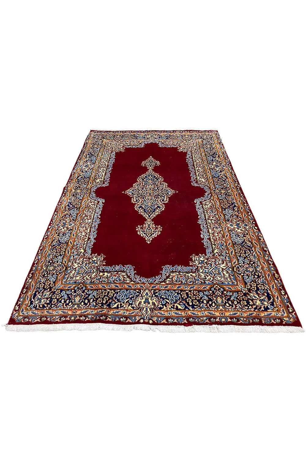 Red Kerman rug with blue and gold borders and medallion, rectangular