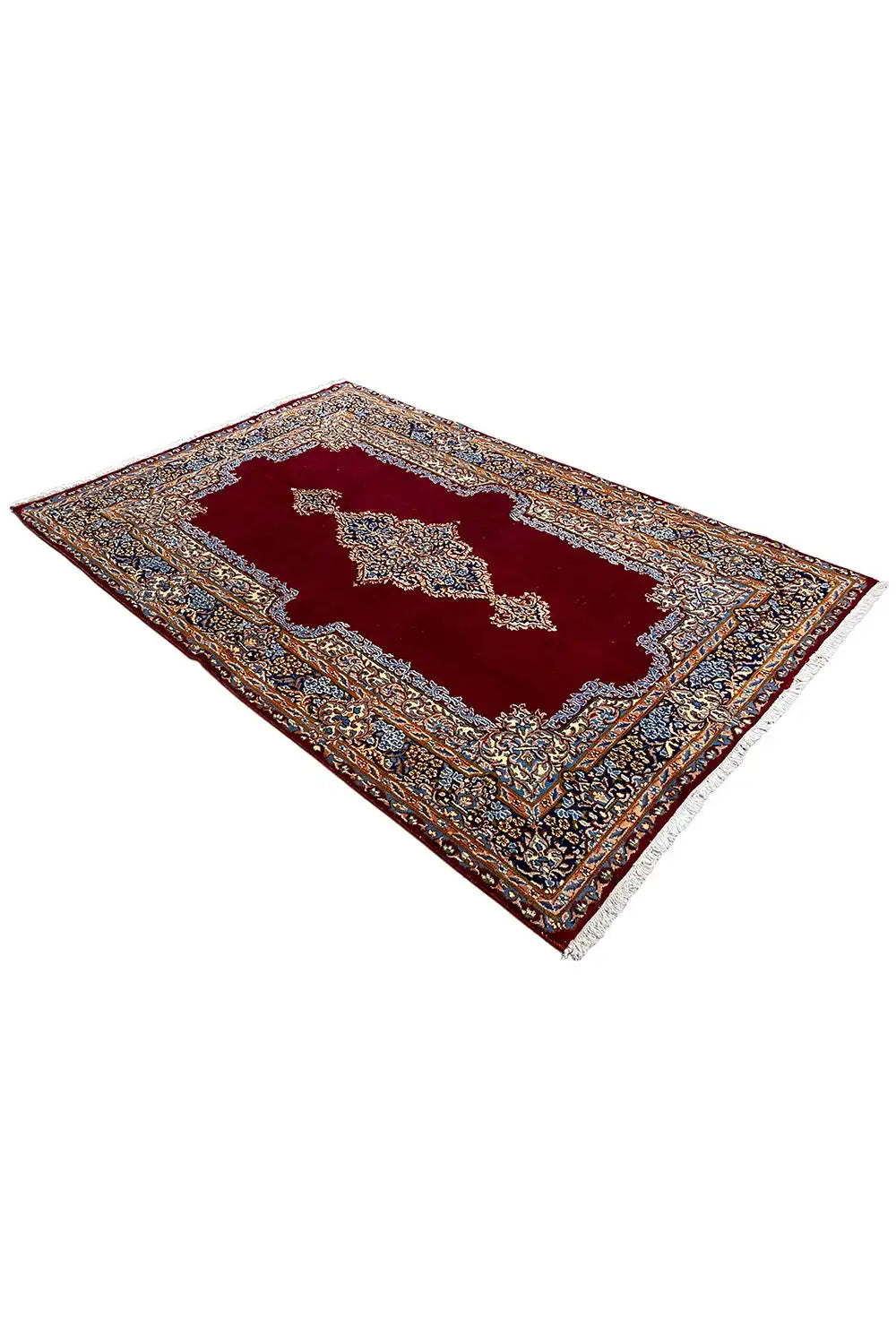 Red Kerman carpet with a brown-blue border and central medallion