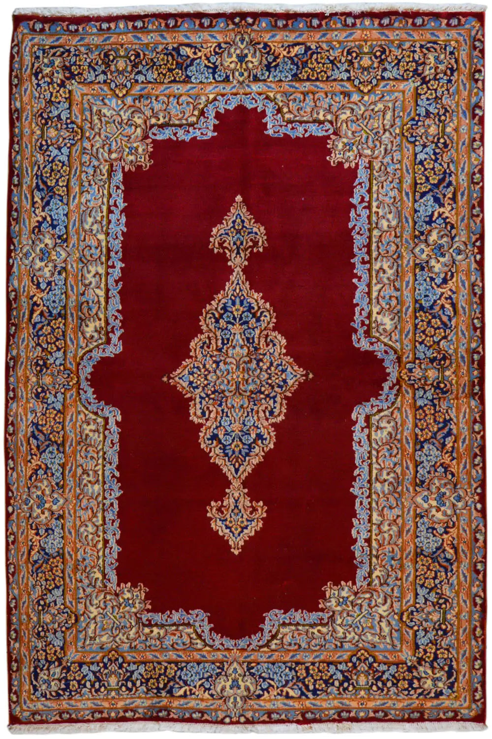Kerman rug with a red background and blue-and-gold ornamental pattern, rectangular