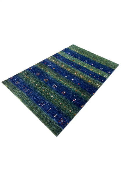 Gabbeh rug 128x81 cm, laid out diagonally, green and blue stripes with decorative elements