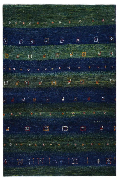 Gabbeh rug 128x81 cm with green and blue stripes and colorful ornaments