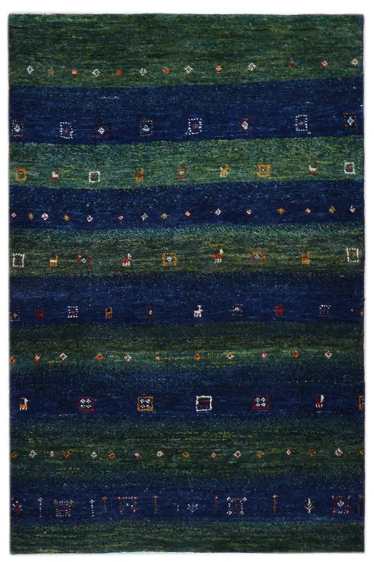 Gabbeh rug 128x81 cm with green and blue stripes and colorful ornaments