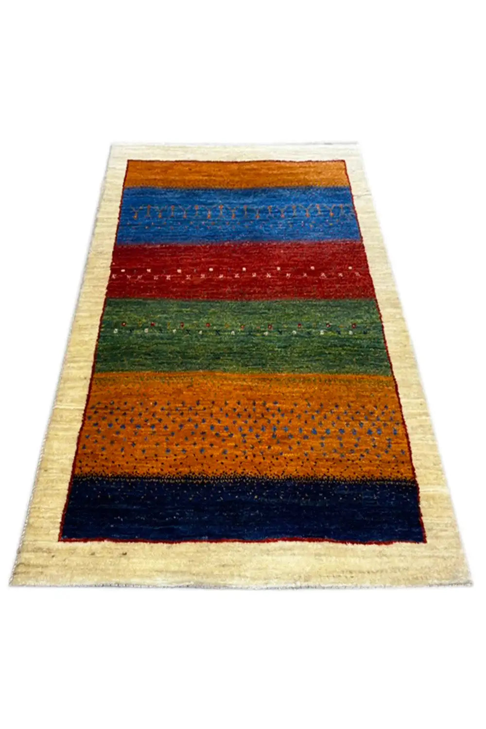 Gabbeh rug 127x80 cm, flat-weave, horizontal stripes in orange, blue, red, green