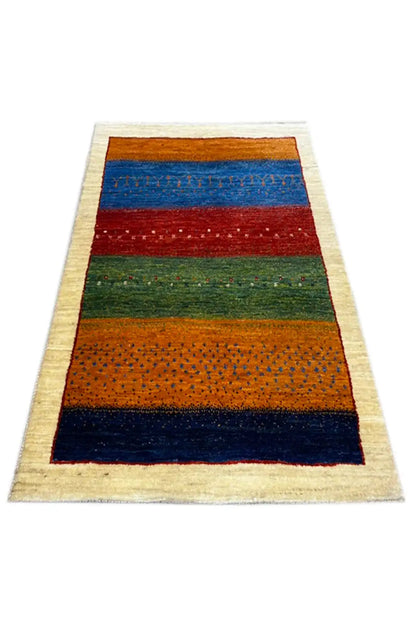 Gabbeh rug 127x80 cm, flat-weave, horizontal stripes in orange, blue, red, green