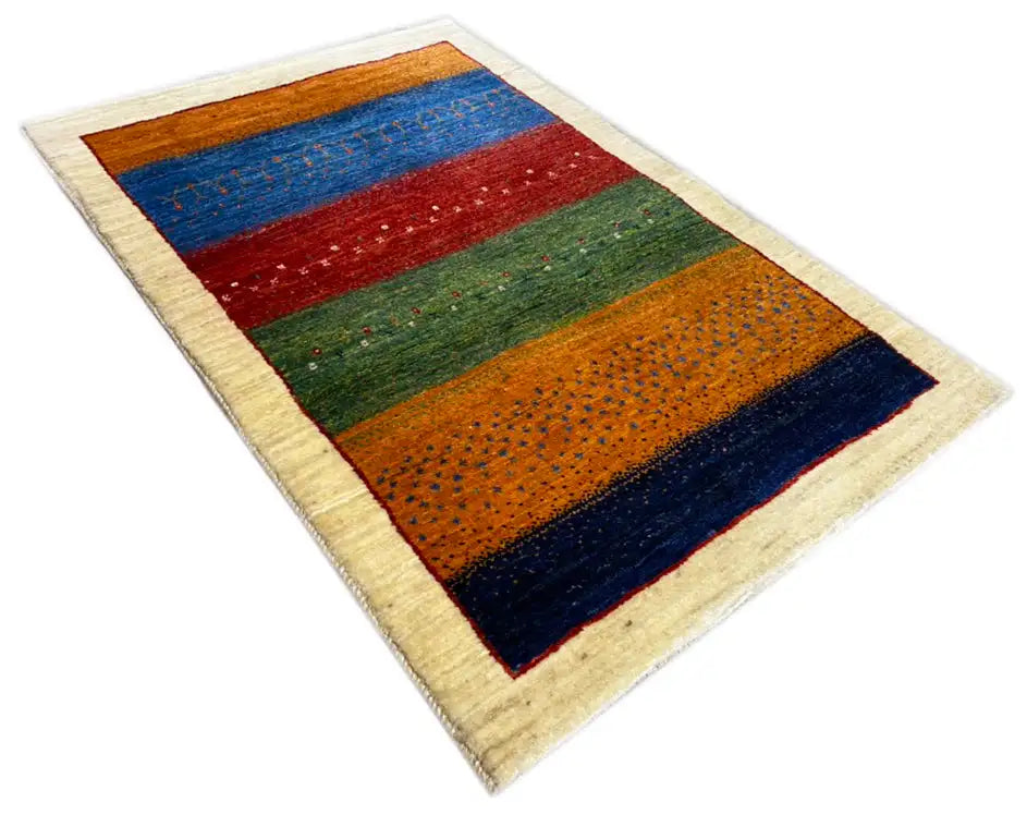 Gabbeh rug 127x80 cm, spread diagonally, wide stripes in blue, red, green, orange