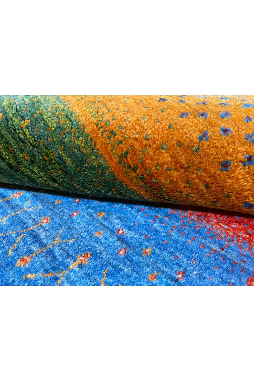 Gabbeh rug close-up, curved layers with blue and orange stripes and dots
