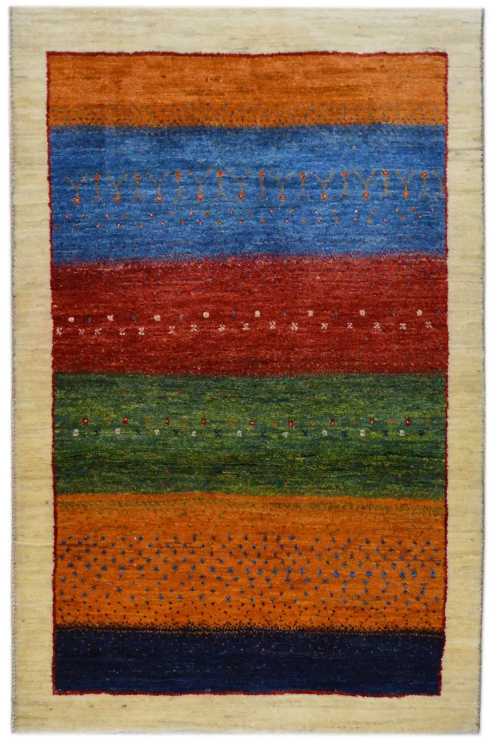 Gabbeh rug, 127x80 cm, multicolored horizontal stripes with a beige border