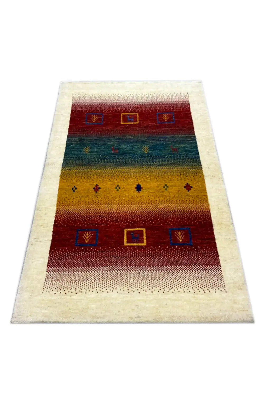 Gabbeh rug 121x83 cm, cream-colored border, striped pattern in red, blue, and yellow