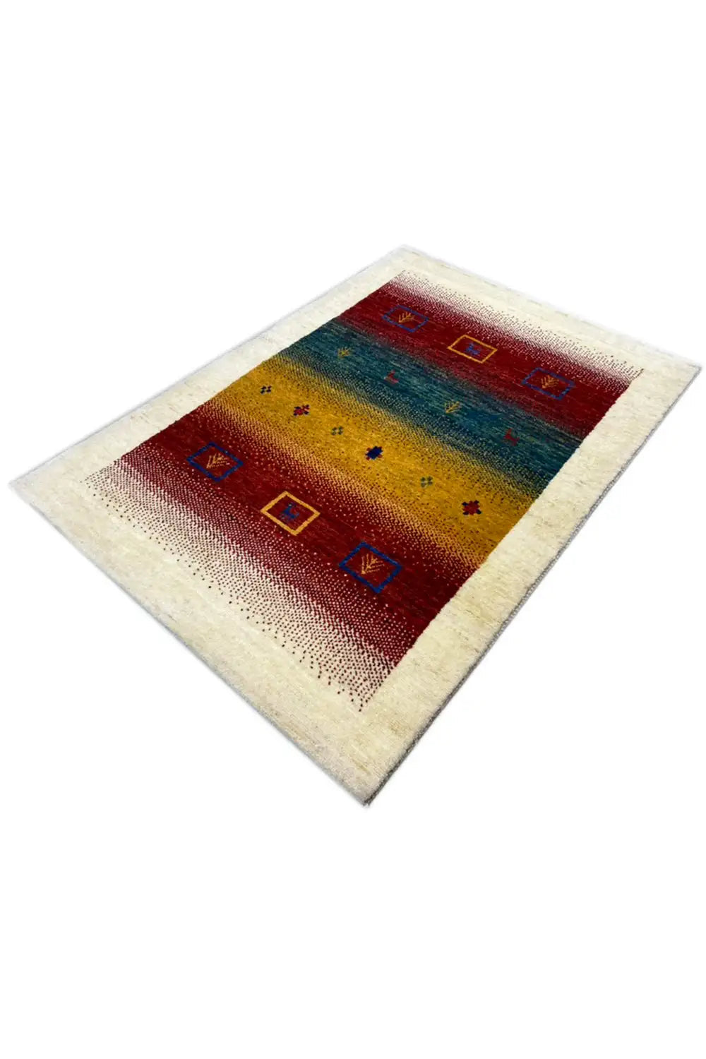 Gabbeh rug 121x83 cm, diagonal view: red tones, blue tones, and yellow area with motifs