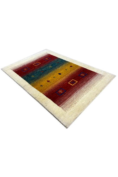 Gabbeh rug 121x83 cm, laid at an angle: red and blue stripes with geometric squares