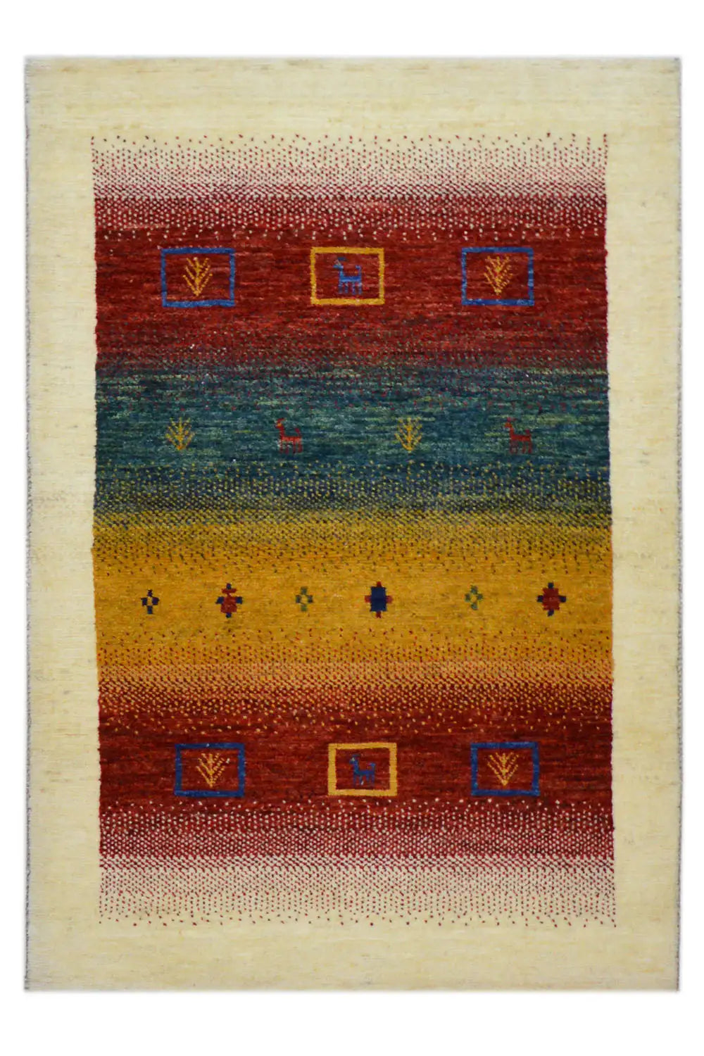 Gabbeh rug 121x83 cm with stripes in red, blue, and yellow, as well as square patterns