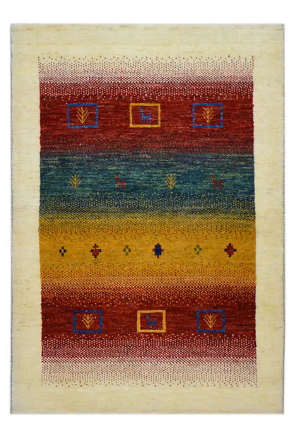 Gabbeh rug 121x83 cm with stripes in red, blue, and yellow, as well as square patterns