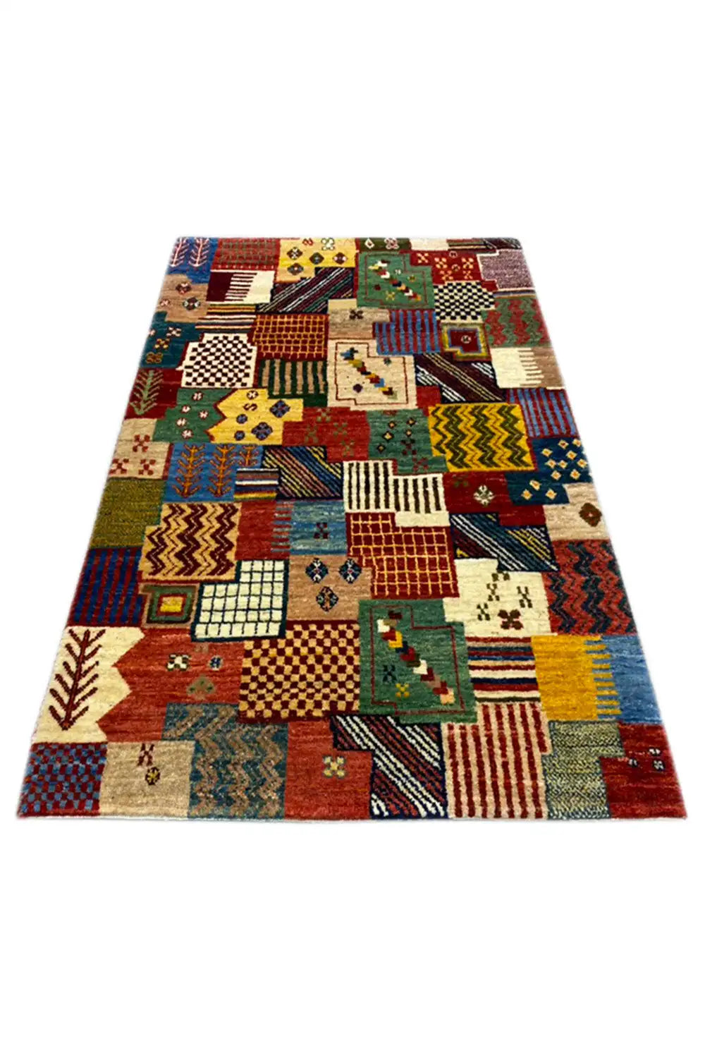 Gabbeh rug 129x80 cm, front view with colorful patchwork squares and ornaments