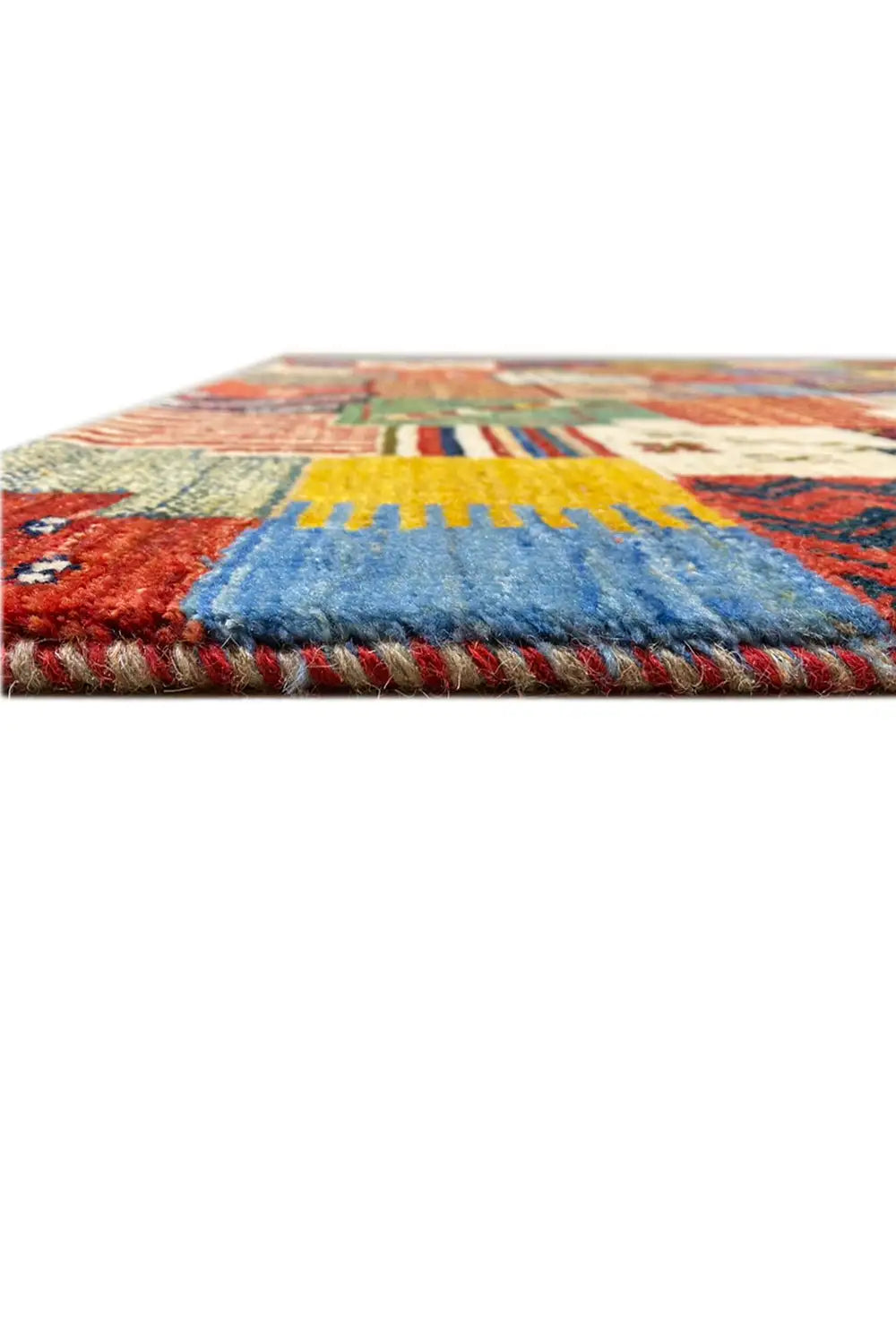 Gabbeh rug 129x80 cm with fringed edge and multicolored patchwork pattern