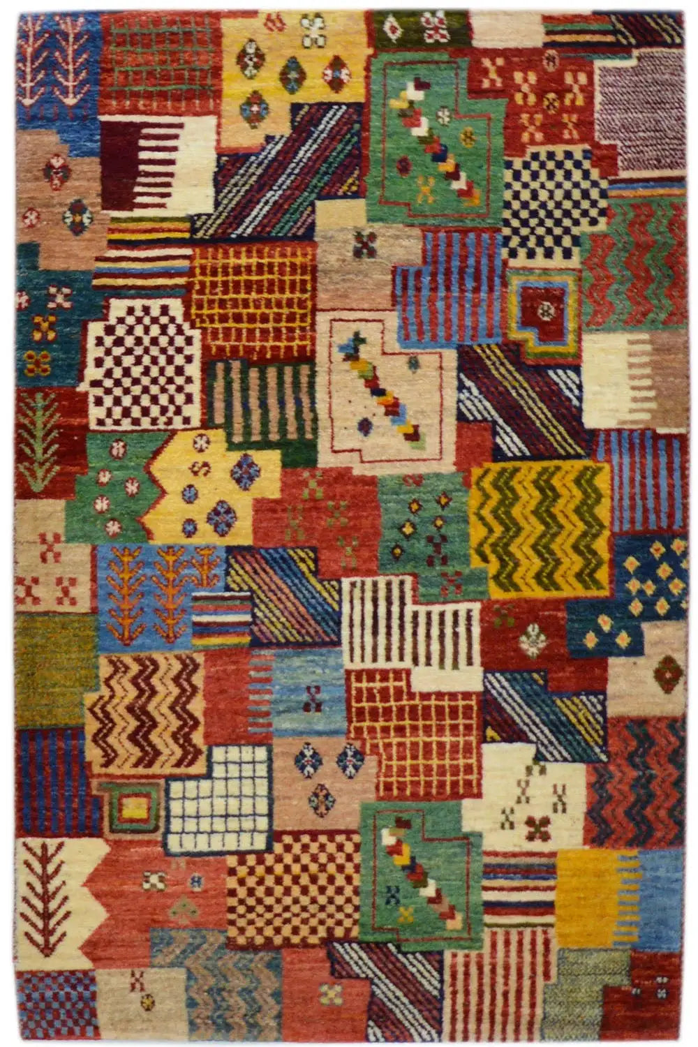 Gabbeh rug 129x80 cm with a colorful patchwork pattern of geometric motifs
