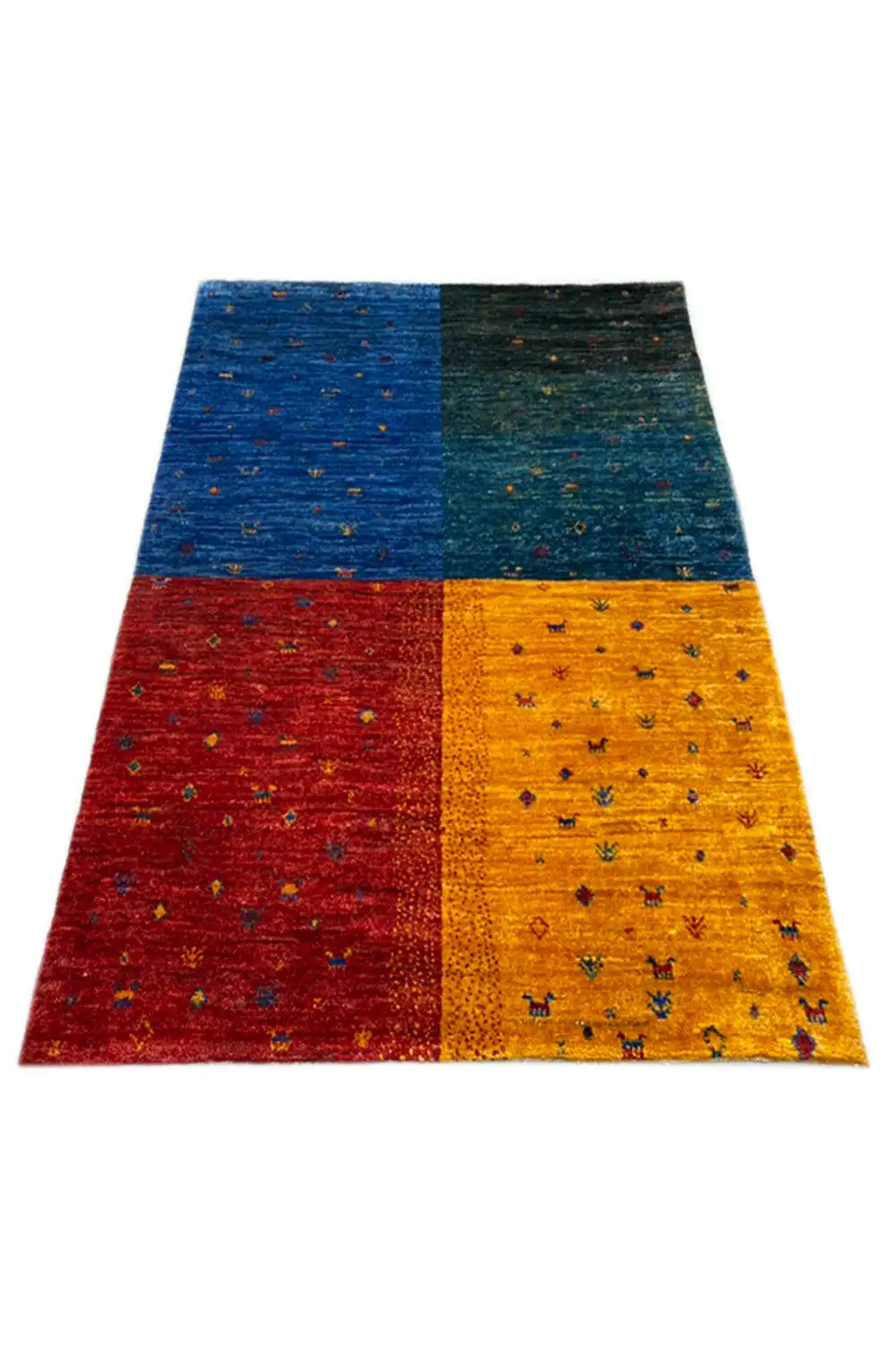 Gabbeh rug, rectangular: patchwork in blue, green, red, and yellow with tiny patterns