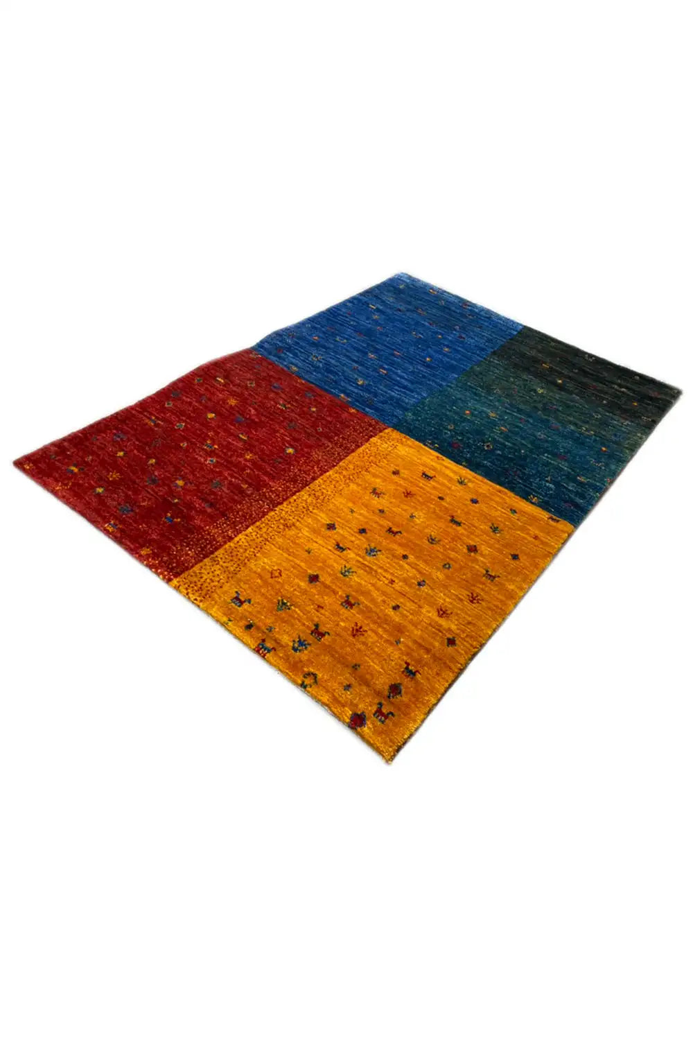 Gabbeh rug in diagonal crop: red, yellow, blue, and green with small dotted patterns