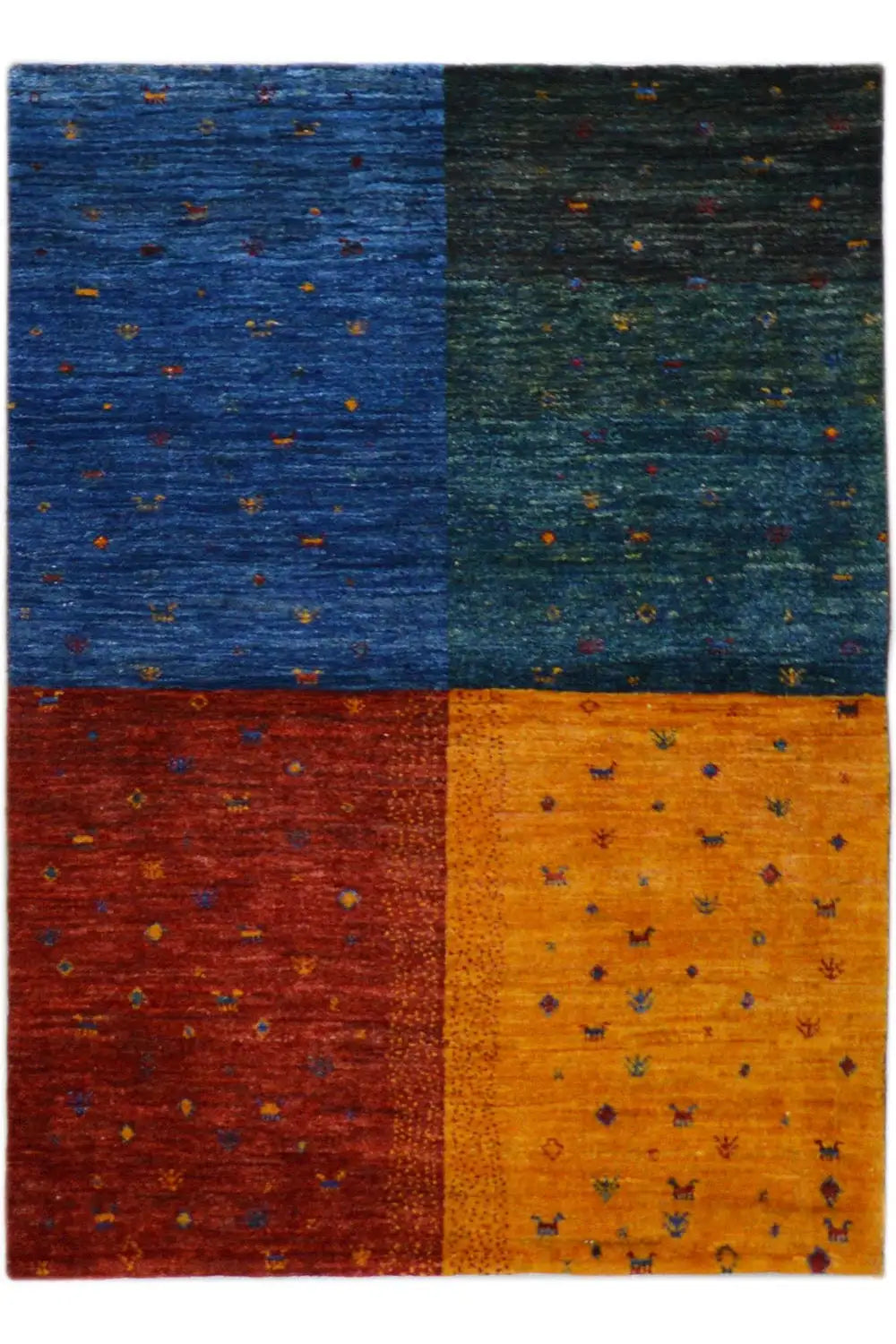 Gabbeh rug: patterned patchwork squares in blue, dark green, red and yellow