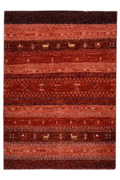 Gabbeh rug, rectangular, reddish-brown with multicolored stripes and fine patterns