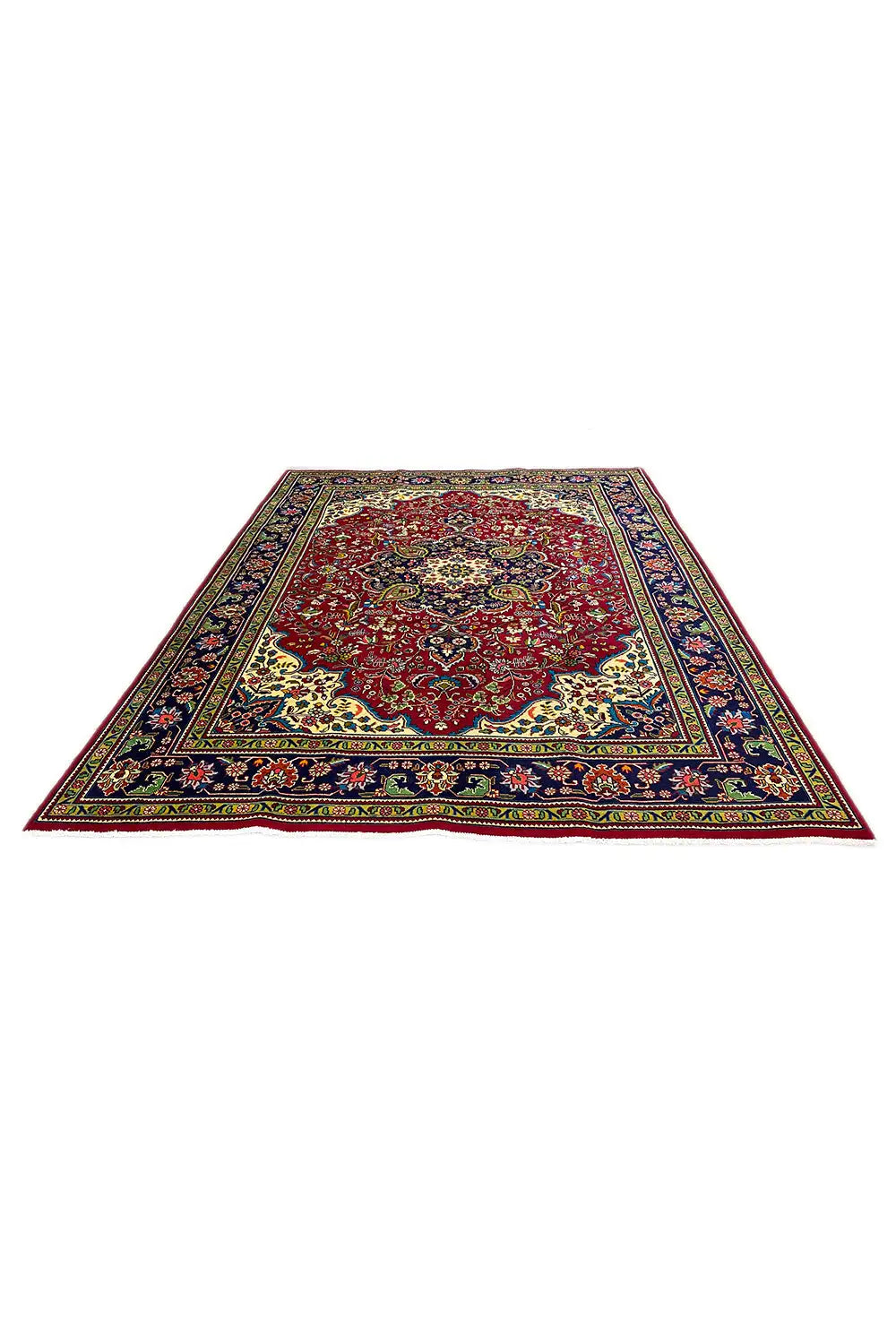 Rectangular Oriental rug, red medallion with multicolored ornaments and blue border
